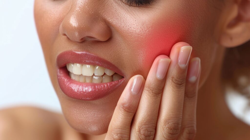 Nose-to-chin view of woman holding her hand to her sore, inflamed jaw